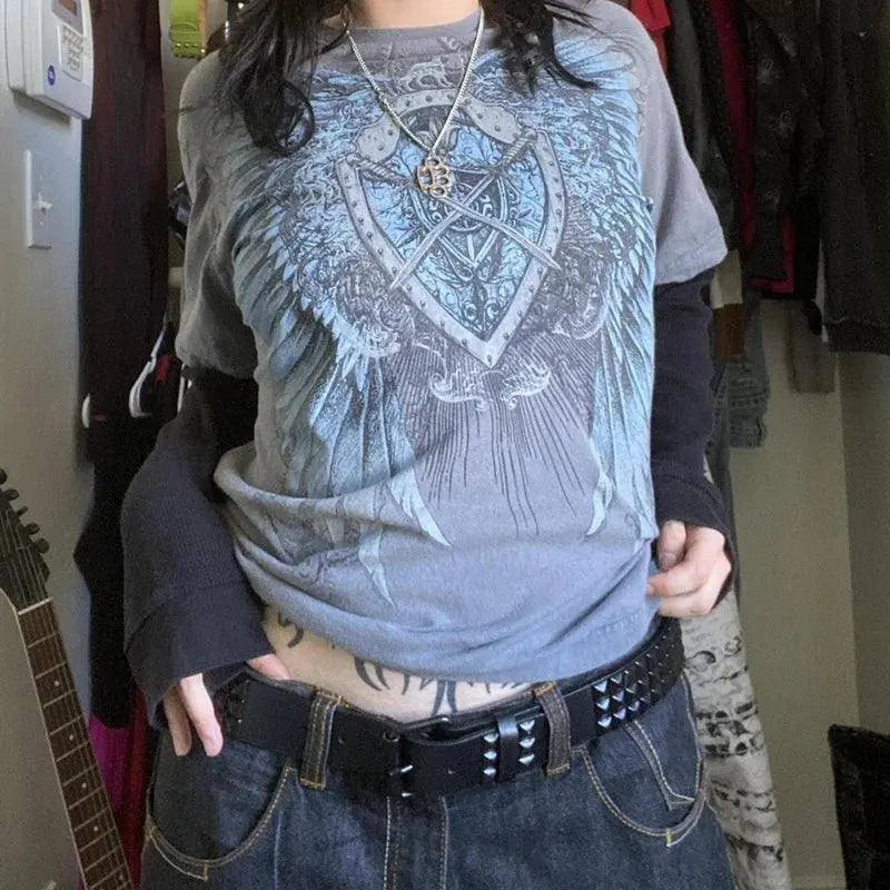 Y2K Grunge Emo Vintage T-shirt 2000s Cross Cyber Goth Patchwork Long Sleeve Tees E-girl Gothic Harajuku Loose Tops Women Men - SS69