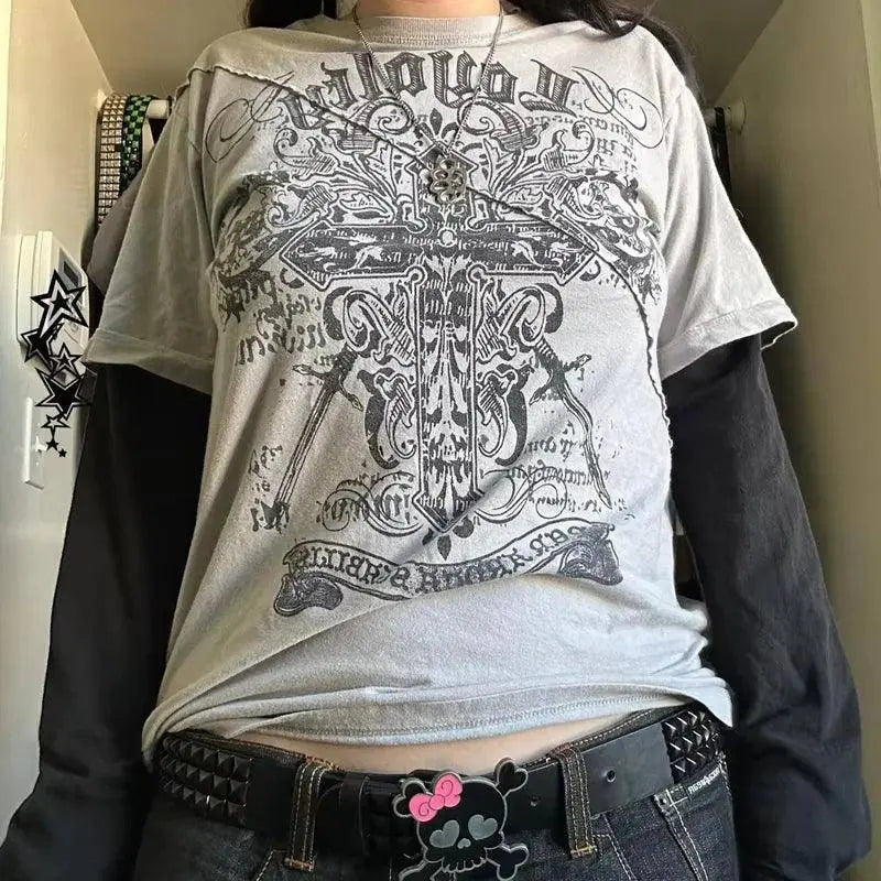 Y2K Grunge Emo Vintage T-shirt 2000s Cross Cyber Goth Patchwork Long Sleeve Tees E-girl Gothic Harajuku Loose Tops Women Men - SS69