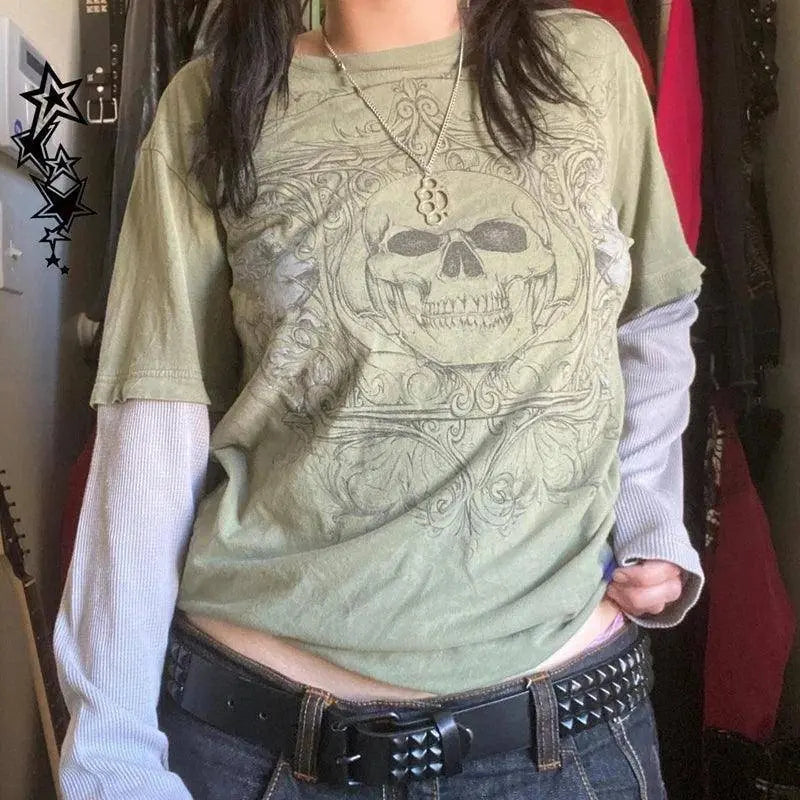 Y2K Grunge Emo Vintage T-shirt 2000s Cross Cyber Goth Patchwork Long Sleeve Tees E-girl Gothic Harajuku Loose Tops Women Men - SS69