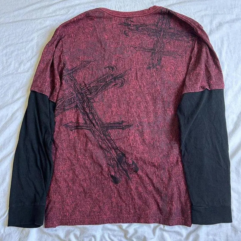 Y2K Grunge Emo Vintage T-shirt 2000s Cross Cyber Goth Patchwork Long Sleeve Tees E-girl Gothic Harajuku Loose Tops Women Men - SS69