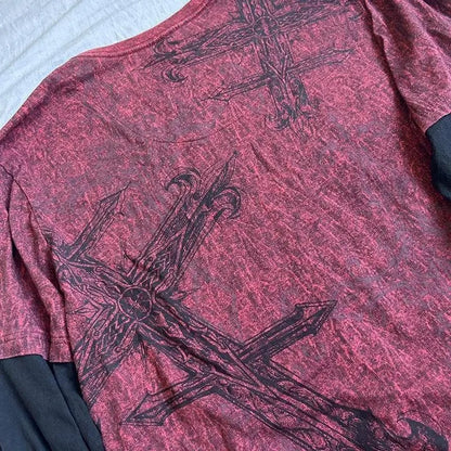 Y2K Grunge Emo Vintage T-shirt 2000s Cross Cyber Goth Patchwork Long Sleeve Tees E-girl Gothic Harajuku Loose Tops Women Men - SS69