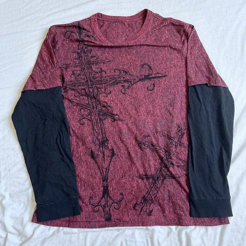 Y2K Grunge Emo Vintage T-shirt 2000s Cross Cyber Goth Patchwork Long Sleeve Tees E-girl Gothic Harajuku Loose Tops Women Men - SS69