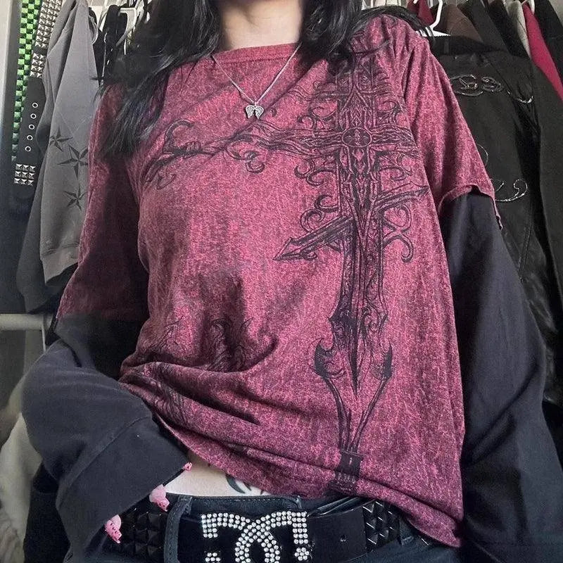 Y2K Grunge Emo Vintage T-shirt 2000s Cross Cyber Goth Patchwork Long Sleeve Tees E-girl Gothic Harajuku Loose Tops Women Men - SS69