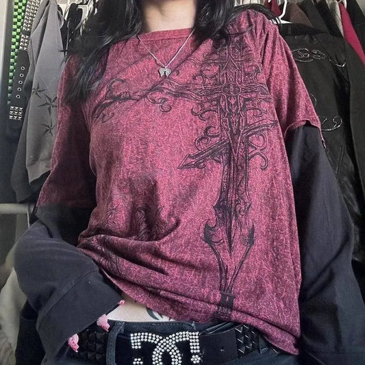 Y2K Grunge Emo Vintage T-shirt 2000s Cross Cyber Goth Patchwork Long Sleeve Tees E-girl Gothic Harajuku Loose Tops Women Men - SS69