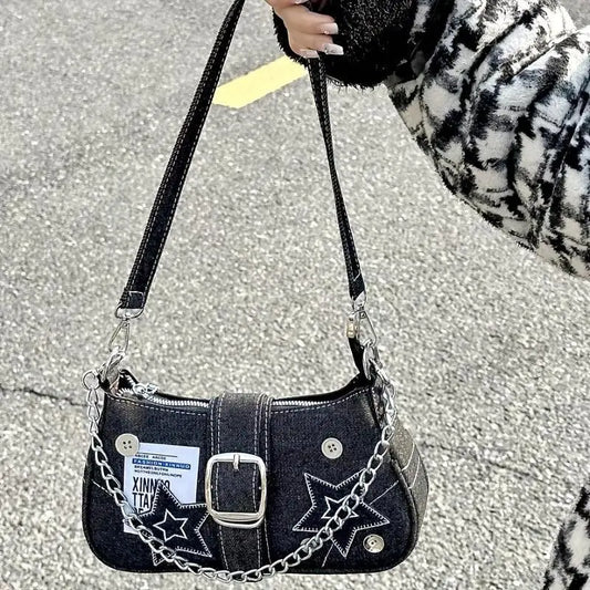 Y2K-Inspired Denim Chain Crossbody Bag for Women - Vintage Canvas Shoulder Purse with Tassel Detail, Lightweight & Stylish - SS69