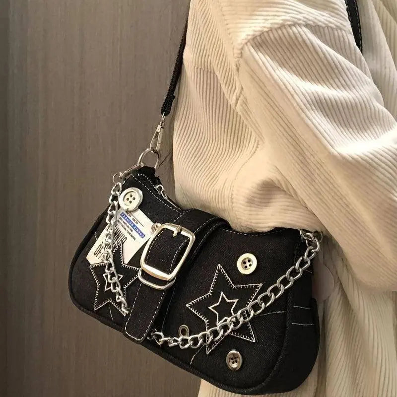Y2K-Inspired Denim Chain Crossbody Bag for Women - Vintage Canvas Shoulder Purse with Tassel Detail, Lightweight & Stylish SS69