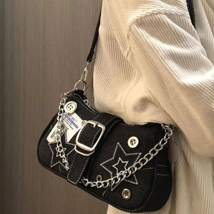 Y2K-Inspired Denim Chain Crossbody Bag for Women - Vintage Canvas Shoulder Purse with Tassel Detail, Lightweight & Stylish SS69