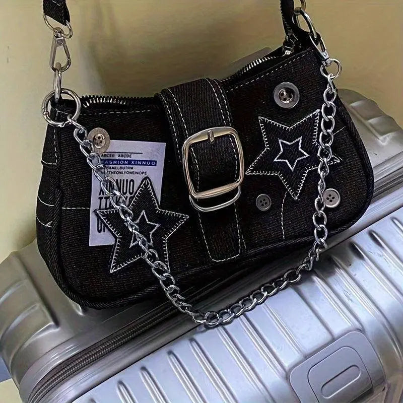 Y2K-Inspired Denim Chain Crossbody Bag for Women - Vintage Canvas Shoulder Purse with Tassel Detail, Lightweight & Stylish SS69