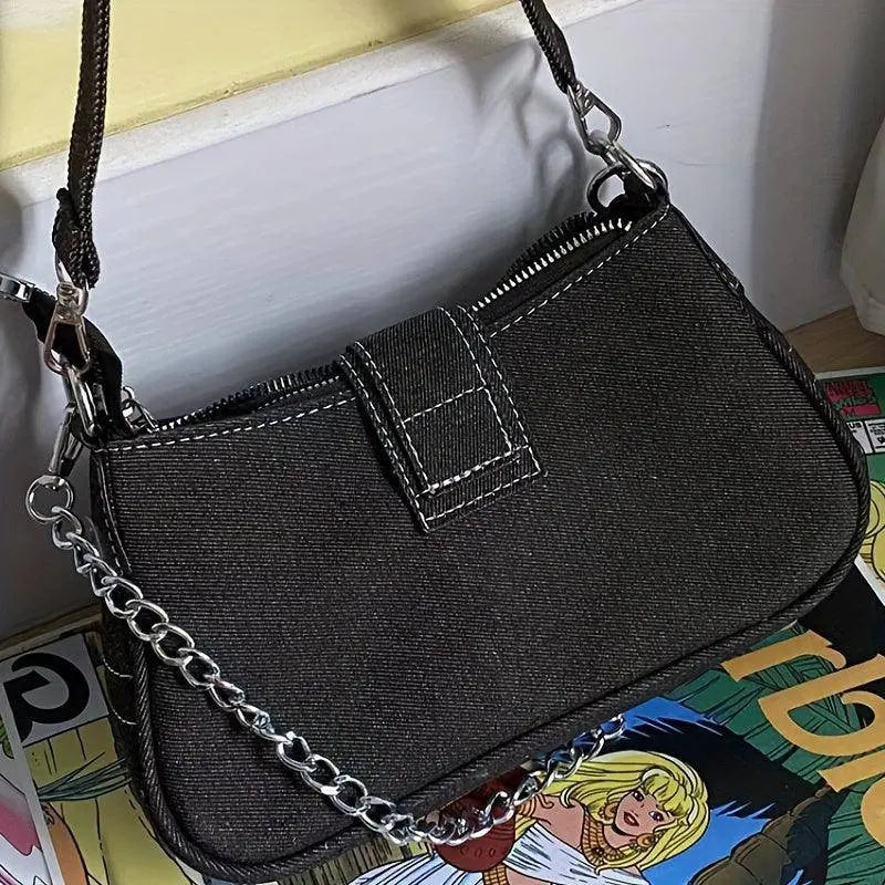 Y2K-Inspired Denim Chain Crossbody Bag for Women - Vintage Canvas Shoulder Purse with Tassel Detail, Lightweight & Stylish SS69