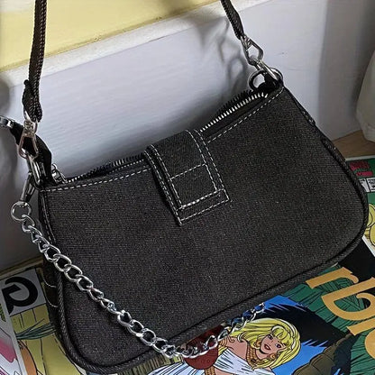 Y2K-Inspired Denim Chain Crossbody Bag for Women - Vintage Canvas Shoulder Purse with Tassel Detail, Lightweight & Stylish SS69