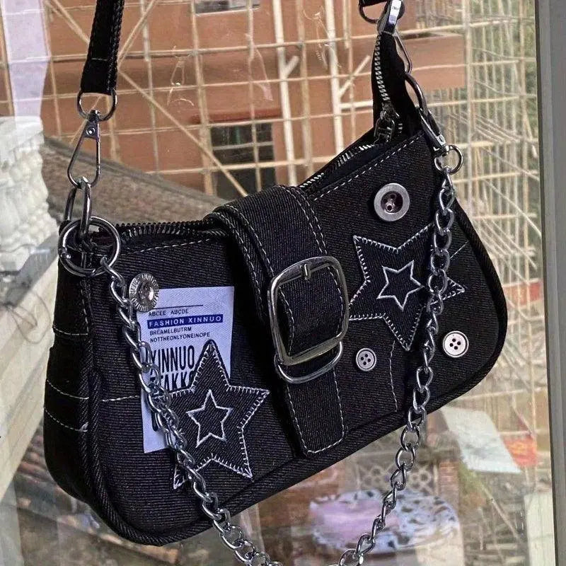 Y2K-Inspired Denim Chain Crossbody Bag for Women - Vintage Canvas Shoulder Purse with Tassel Detail, Lightweight & Stylish SS69