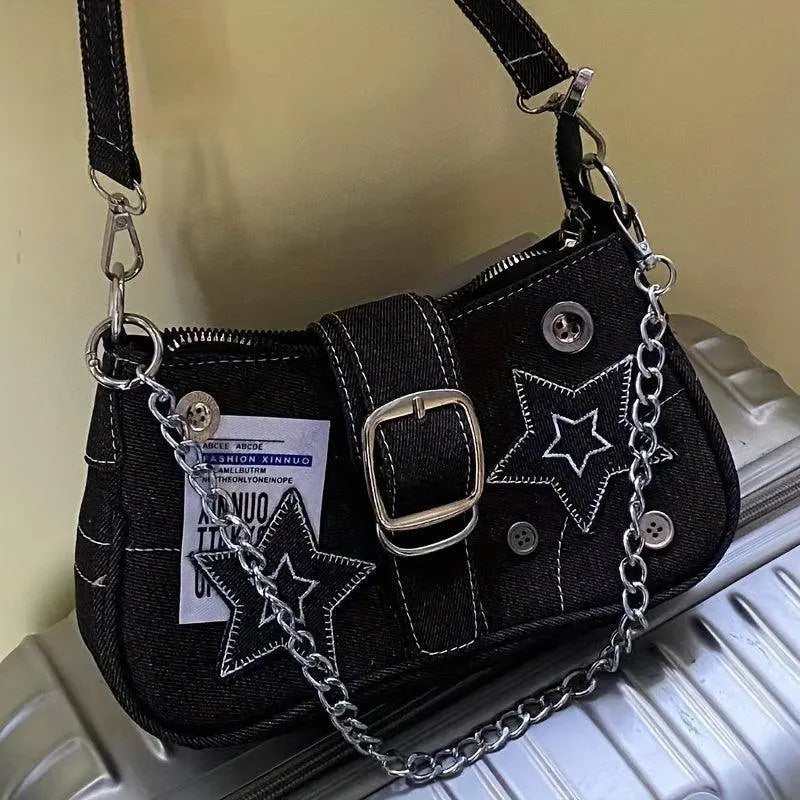 Y2K-Inspired Denim Chain Crossbody Bag for Women - Vintage Canvas Shoulder Purse with Tassel Detail, Lightweight & Stylish SS69 19.69 Black