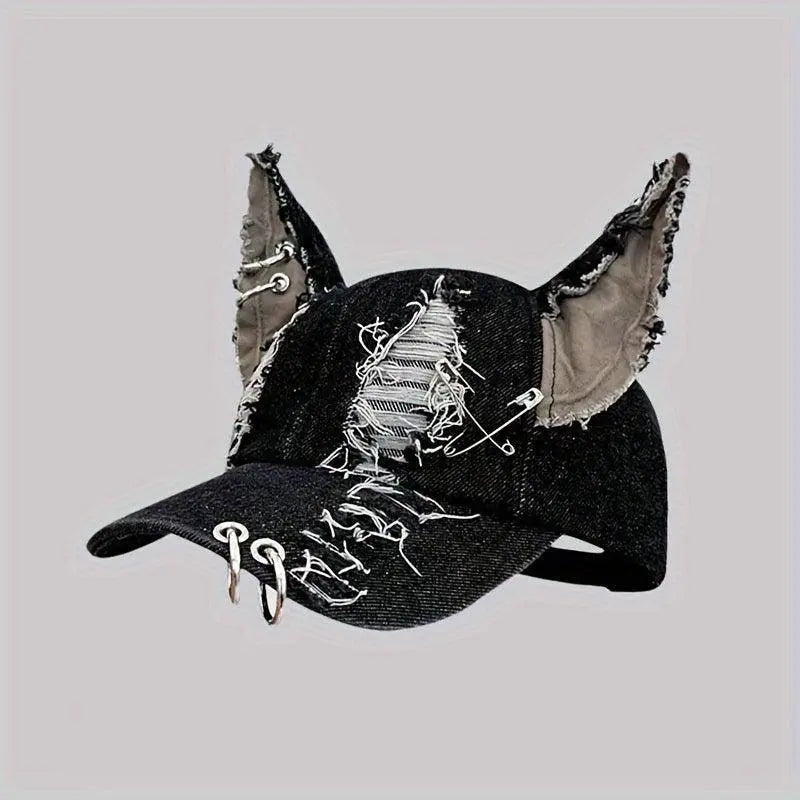 Y2K-Inspired Distressed Denim Baseball Cap with 3D Ears - Adjustable, Lightweight & Sun-Protective for Women - SS69