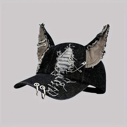 Y2K-Inspired Distressed Denim Baseball Cap with 3D Ears - Adjustable, Lightweight & Sun-Protective for Women - SS69