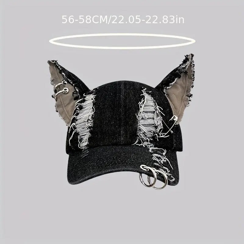Y2K-Inspired Distressed Denim Baseball Cap with 3D Ears - Adjustable, Lightweight & Sun-Protective for Women - SS69