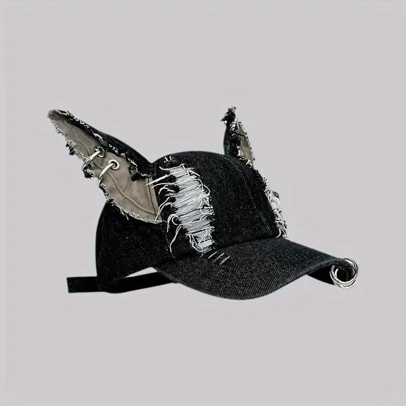 Y2K-Inspired Distressed Denim Baseball Cap with 3D Ears - Adjustable, Lightweight & Sun-Protective for Women - SS69