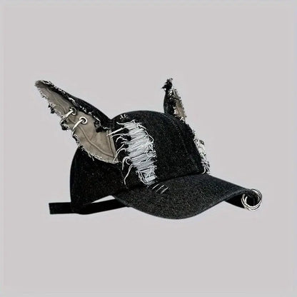 Y2K-Inspired Distressed Denim Baseball Cap with 3D Ears - Adjustable, Lightweight & Sun-Protective for Women - SS69