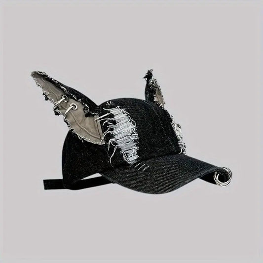 Y2K-Inspired Distressed Denim Baseball Cap with 3D Ears - Adjustable, Lightweight & Sun-Protective for Women - SS69