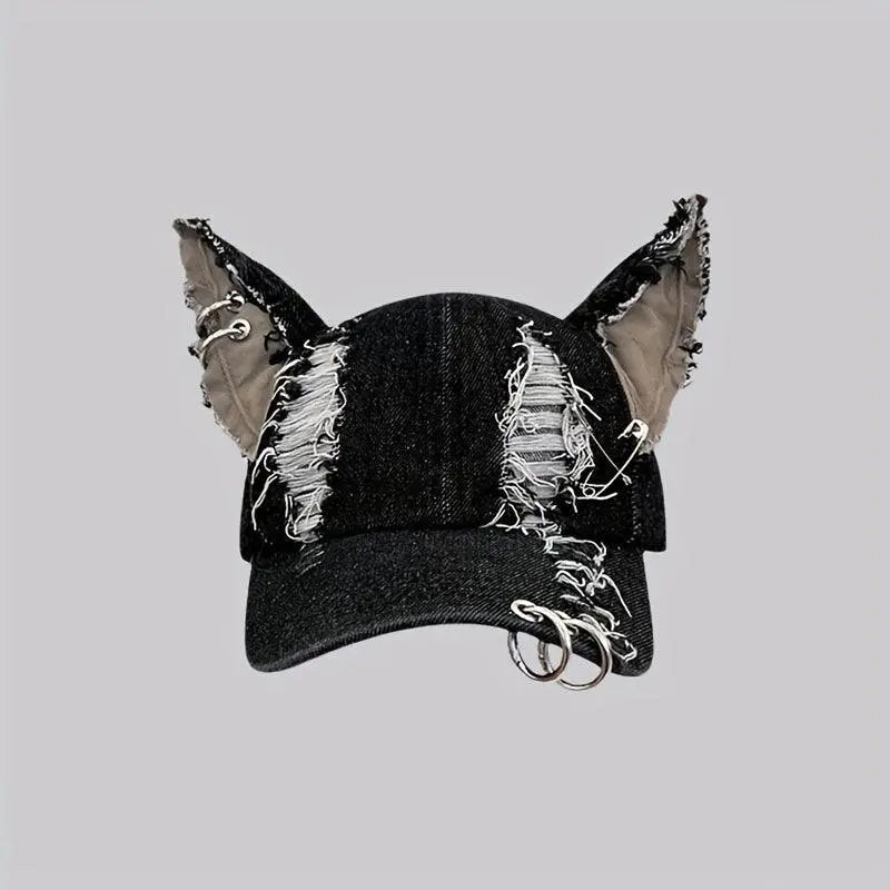 Y2K-Inspired Distressed Denim Baseball Cap with 3D Ears - Adjustable, Lightweight & Sun-Protective for Women - SS69