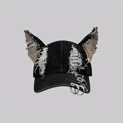 Y2K-Inspired Distressed Denim Baseball Cap with 3D Ears - Adjustable, Lightweight & Sun-Protective for Women - SS69