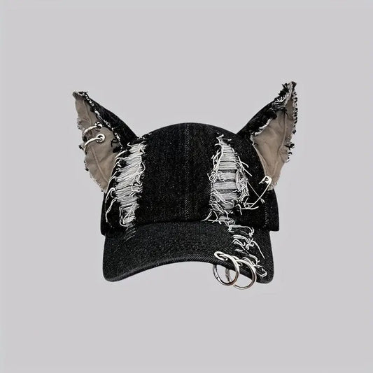 Y2K-Inspired Distressed Denim Baseball Cap with 3D Ears - Adjustable, Lightweight & Sun-Protective for Women - SS69