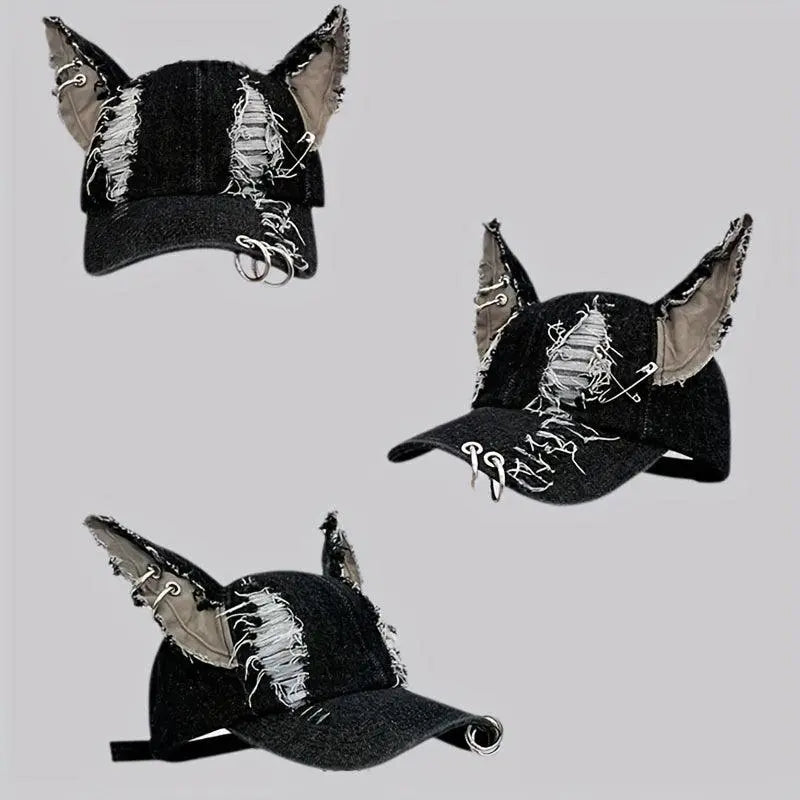 Y2K-Inspired Distressed Denim Baseball Cap with 3D Ears - Adjustable, Lightweight & Sun-Protective for Women - SS69
