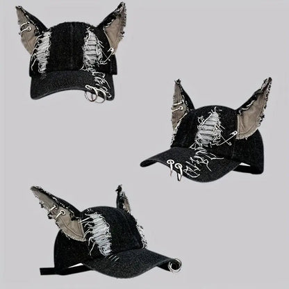 Y2K-Inspired Distressed Denim Baseball Cap with 3D Ears - Adjustable, Lightweight & Sun-Protective for Women - SS69