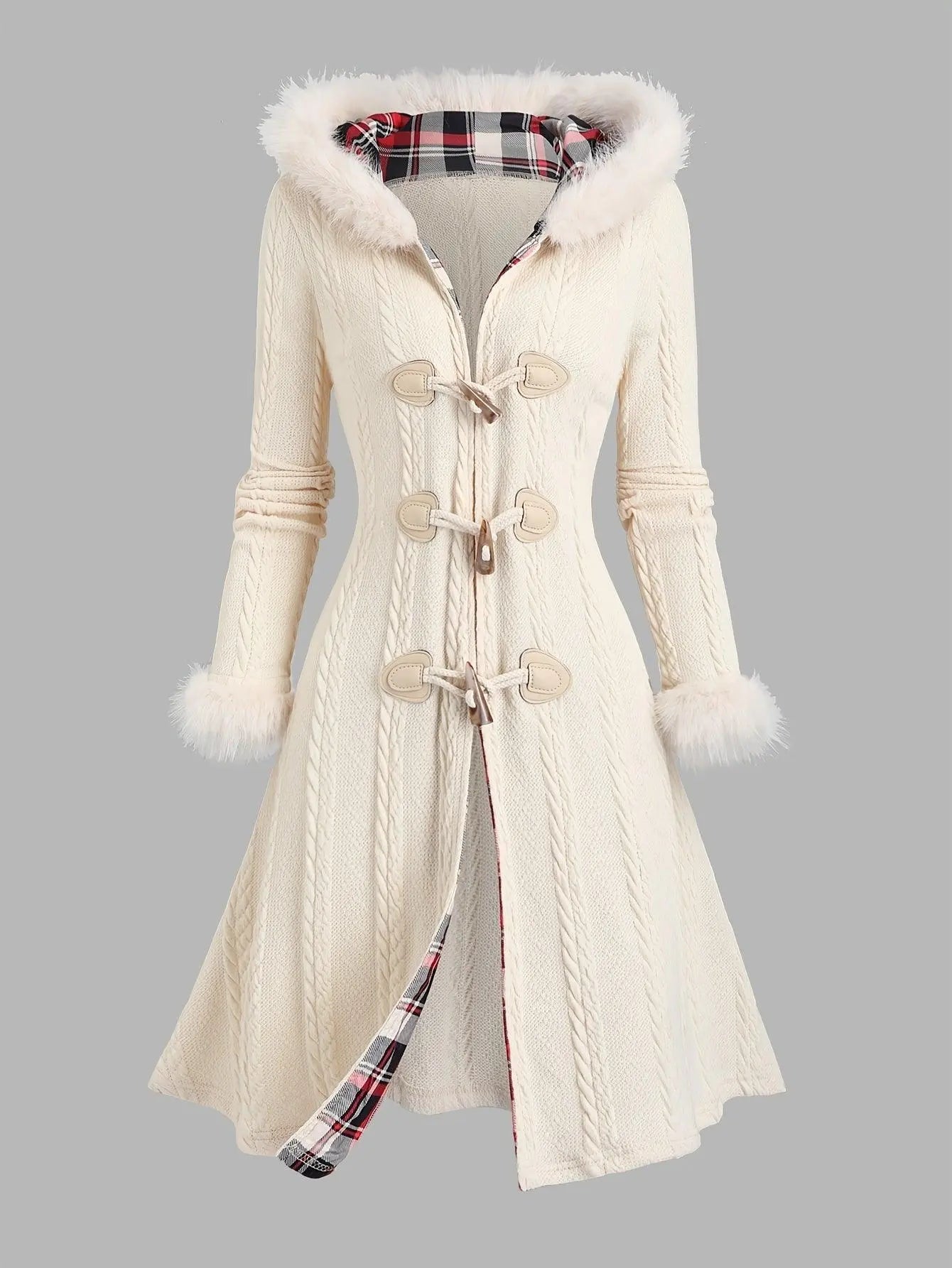 Y2K-Inspired Plaid Hooded Knit Coat with Faux Fur Trim, Horn Buttons - Long, Warm & Stylish for Women, Machine Washable, Y2K, Plaid, Faux Fur - SS69