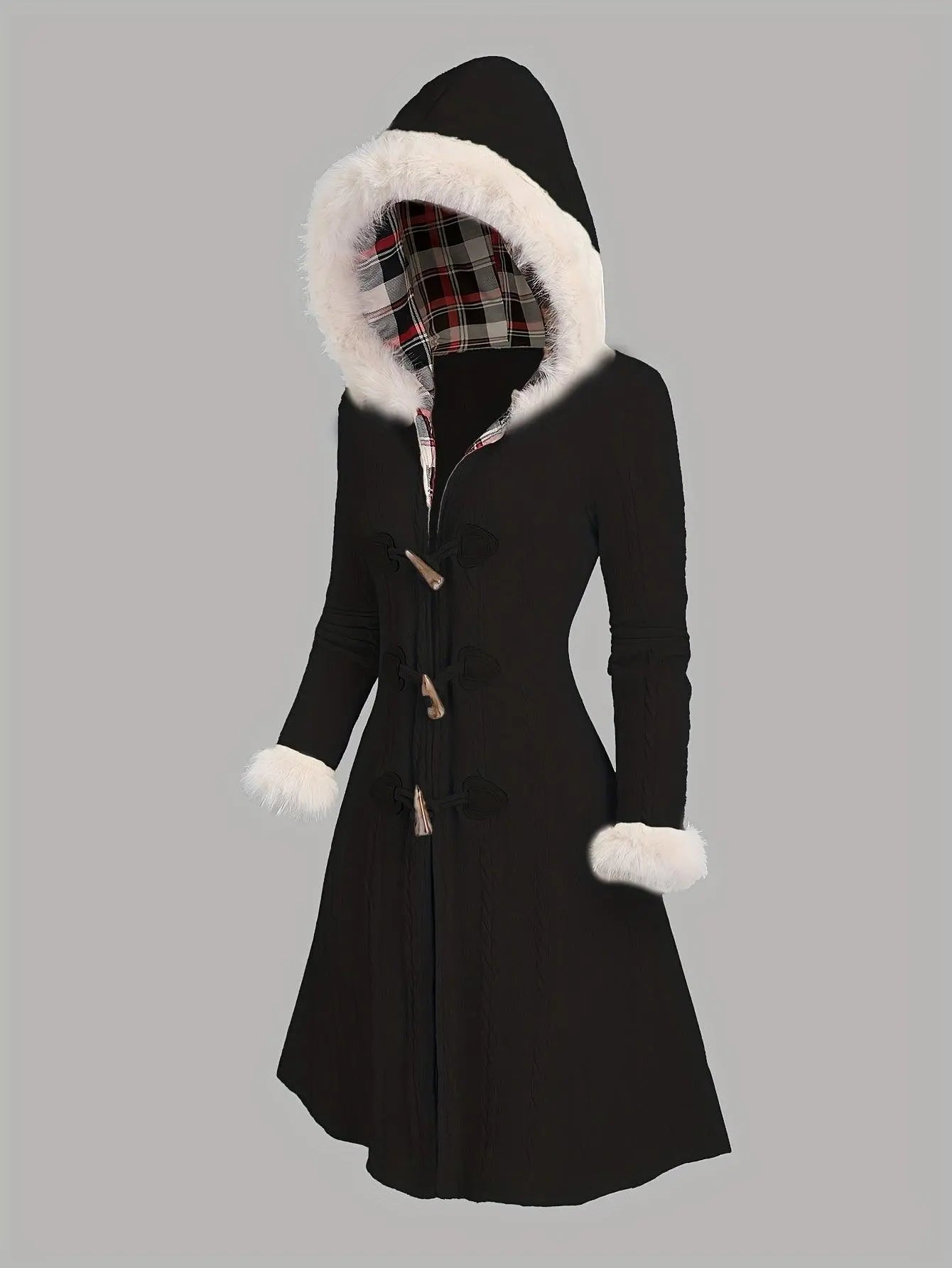 Y2K-Inspired Plaid Hooded Knit Coat with Faux Fur Trim, Horn Buttons - Long, Warm & Stylish for Women, Machine Washable, Y2K, Plaid, Faux Fur - SS69