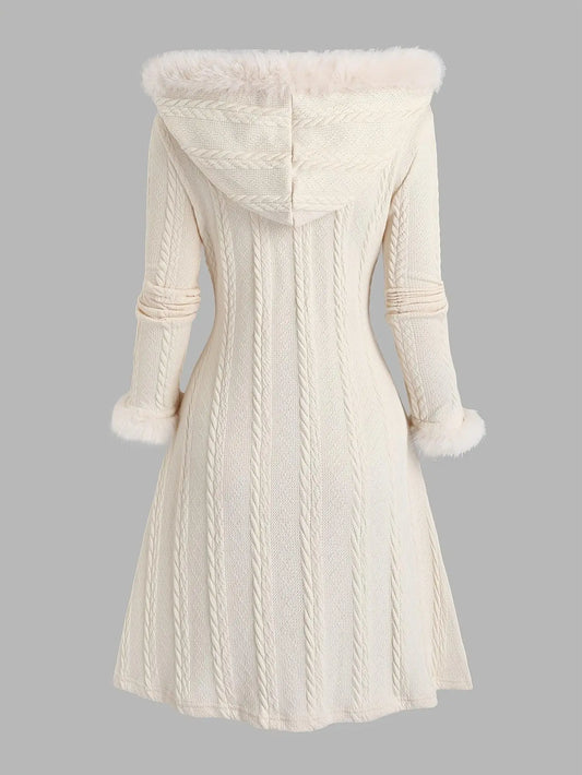 Y2K-Inspired Plaid Hooded Knit Coat with Faux Fur Trim, Horn Buttons - Long, Warm & Stylish for Women, Machine Washable, Y2K, Plaid, Faux Fur - SS69