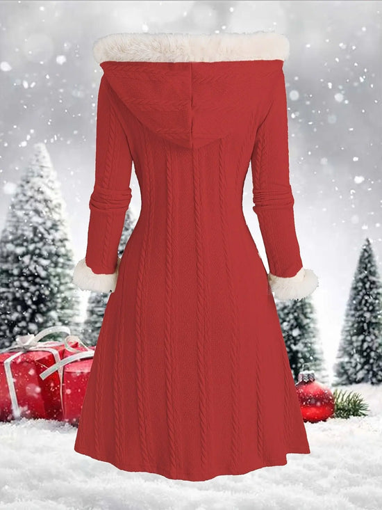 Y2K-Inspired Plaid Hooded Knit Coat with Faux Fur Trim, Horn Buttons - Long, Warm & Stylish for Women, Machine Washable, Y2K, Plaid, Faux Fur - SS69