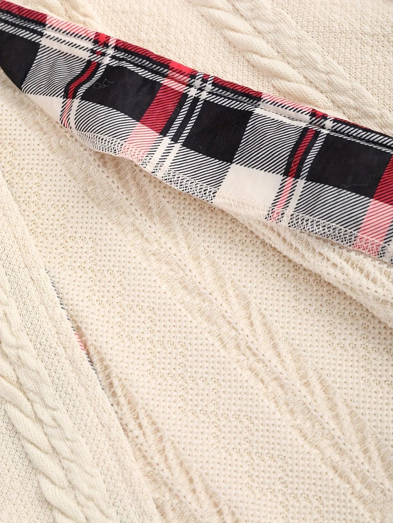 Y2K-Inspired Plaid Hooded Knit Coat with Faux Fur Trim, Horn Buttons - Long, Warm & Stylish for Women, Machine Washable, Y2K, Plaid, Faux Fur - SS69