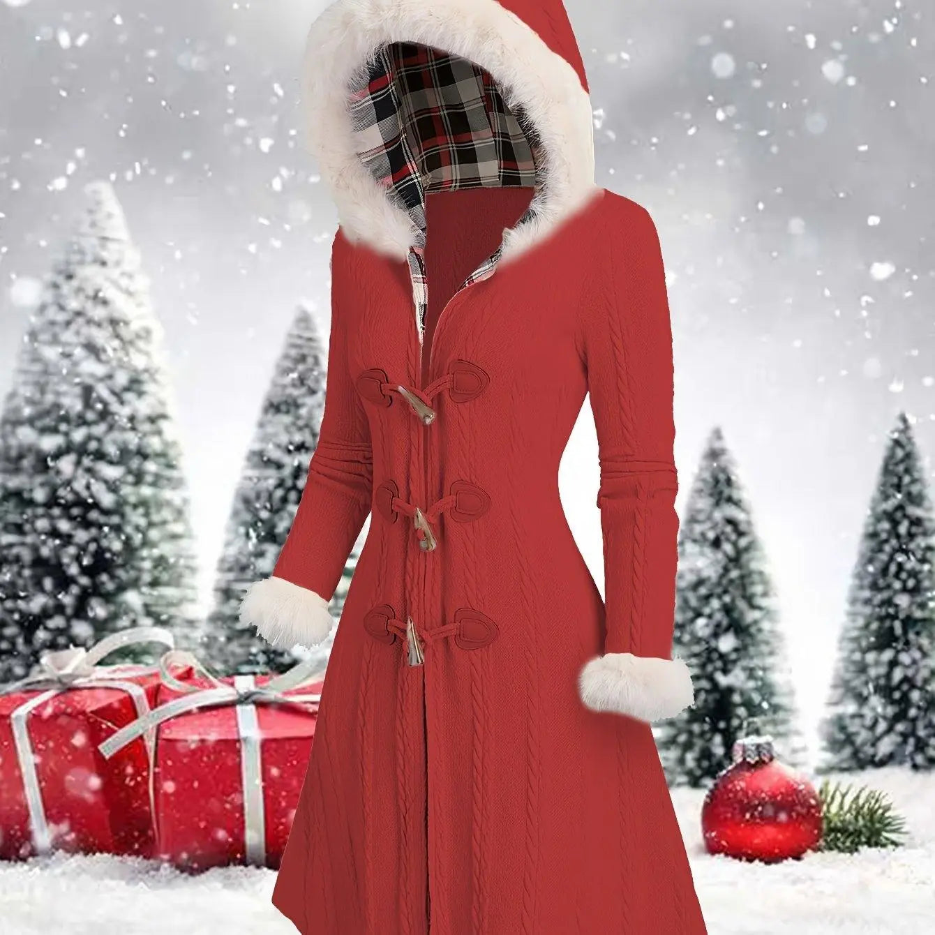 Y2K-Inspired Plaid Hooded Knit Coat with Faux Fur Trim, Horn Buttons - Long, Warm & Stylish for Women, Machine Washable, Y2K, Plaid, Faux Fur - SS69