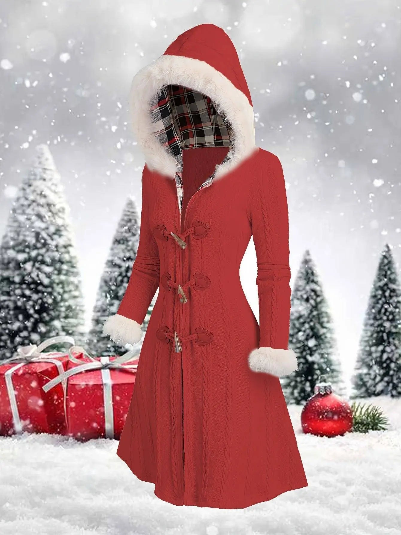 Y2K-Inspired Plaid Hooded Knit Coat with Faux Fur Trim, Horn Buttons - Long, Warm & Stylish for Women, Machine Washable, Y2K, Plaid, Faux Fur SS69