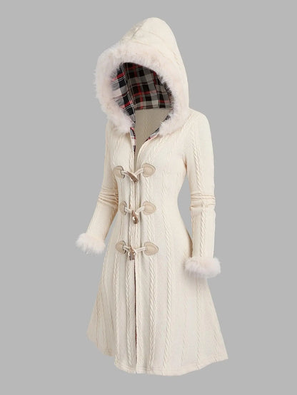 Y2K-Inspired Plaid Hooded Knit Coat with Faux Fur Trim, Horn Buttons - Long, Warm & Stylish for Women, Machine Washable, Y2K, Plaid, Faux Fur SS69