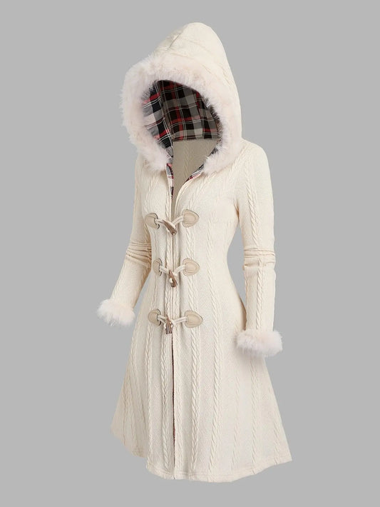 Y2K-Inspired Plaid Hooded Knit Coat with Faux Fur Trim, Horn Buttons - Long, Warm & Stylish for Women, Machine Washable, Y2K, Plaid, Faux Fur SS69