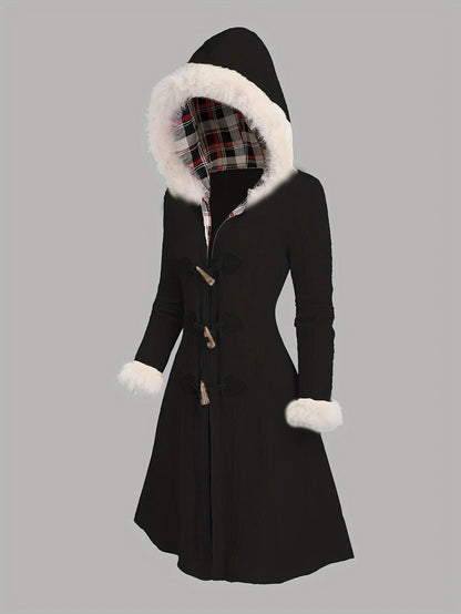 Y2K-Inspired Plaid Hooded Knit Coat with Faux Fur Trim, Horn Buttons - Long, Warm & Stylish for Women, Machine Washable, Y2K, Plaid, Faux Fur SS69