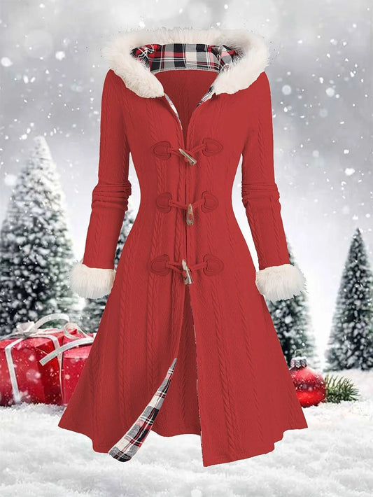 Y2K-Inspired Plaid Hooded Knit Coat with Faux Fur Trim, Horn Buttons - Long, Warm & Stylish for Women, Machine Washable, Y2K, Plaid, Faux Fur SS69