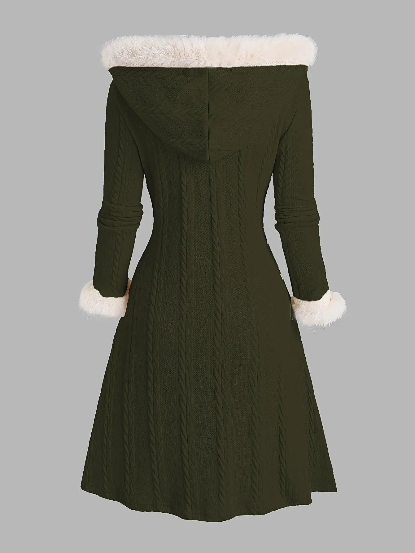 Y2K-Inspired Plaid Hooded Knit Coat with Faux Fur Trim, Horn Buttons - Long, Warm & Stylish for Women, Machine Washable, Y2K, Plaid, Faux Fur SS69