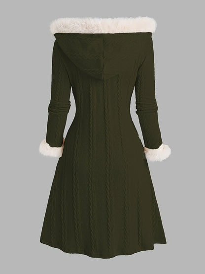 Y2K-Inspired Plaid Hooded Knit Coat with Faux Fur Trim, Horn Buttons - Long, Warm & Stylish for Women, Machine Washable, Y2K, Plaid, Faux Fur SS69