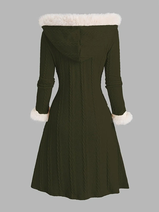 Y2K-Inspired Plaid Hooded Knit Coat with Faux Fur Trim, Horn Buttons - Long, Warm & Stylish for Women, Machine Washable, Y2K, Plaid, Faux Fur SS69