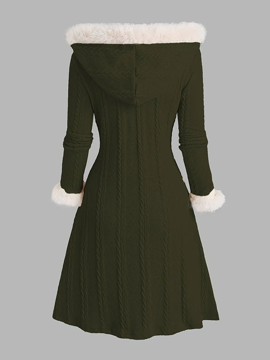 Y2K-Inspired Plaid Hooded Knit Coat with Faux Fur Trim, Horn Buttons - Long, Warm & Stylish for Women, Machine Washable, Y2K, Plaid, Faux Fur SS69