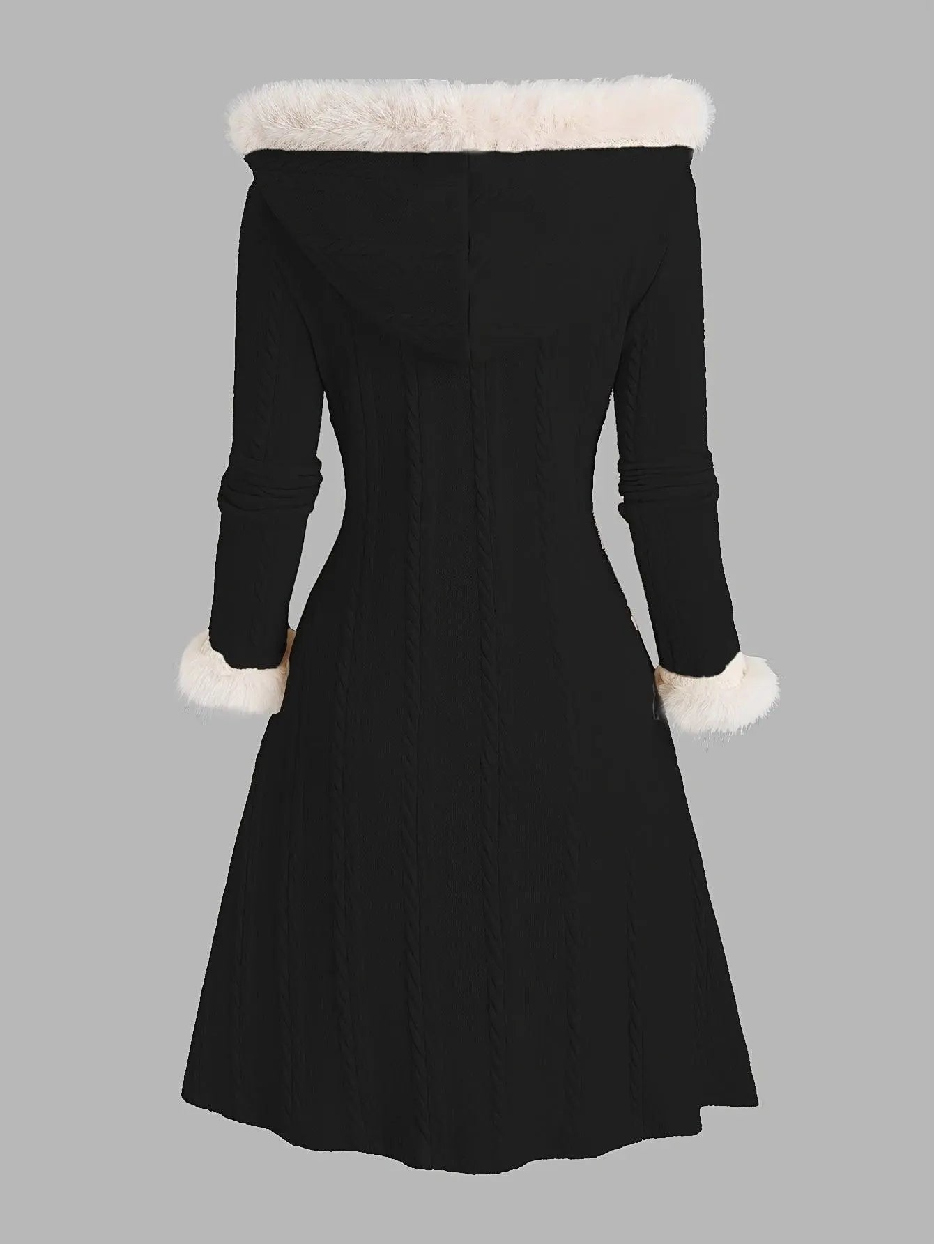 Y2K-Inspired Plaid Hooded Knit Coat with Faux Fur Trim, Horn Buttons - Long, Warm & Stylish for Women, Machine Washable, Y2K, Plaid, Faux Fur SS69