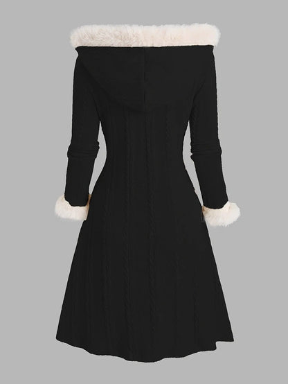 Y2K-Inspired Plaid Hooded Knit Coat with Faux Fur Trim, Horn Buttons - Long, Warm & Stylish for Women, Machine Washable, Y2K, Plaid, Faux Fur SS69