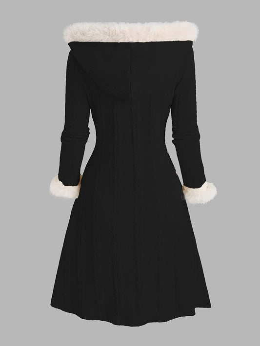 Y2K-Inspired Plaid Hooded Knit Coat with Faux Fur Trim, Horn Buttons - Long, Warm & Stylish for Women, Machine Washable, Y2K, Plaid, Faux Fur SS69