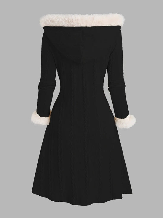 Y2K-Inspired Plaid Hooded Knit Coat with Faux Fur Trim, Horn Buttons - Long, Warm & Stylish for Women, Machine Washable, Y2K, Plaid, Faux Fur SS69