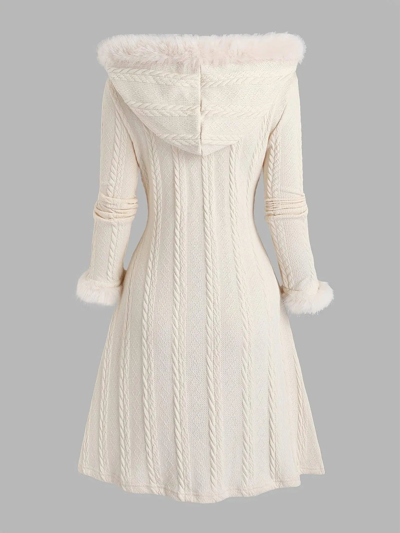 Y2K-Inspired Plaid Hooded Knit Coat with Faux Fur Trim, Horn Buttons - Long, Warm & Stylish for Women, Machine Washable, Y2K, Plaid, Faux Fur SS69