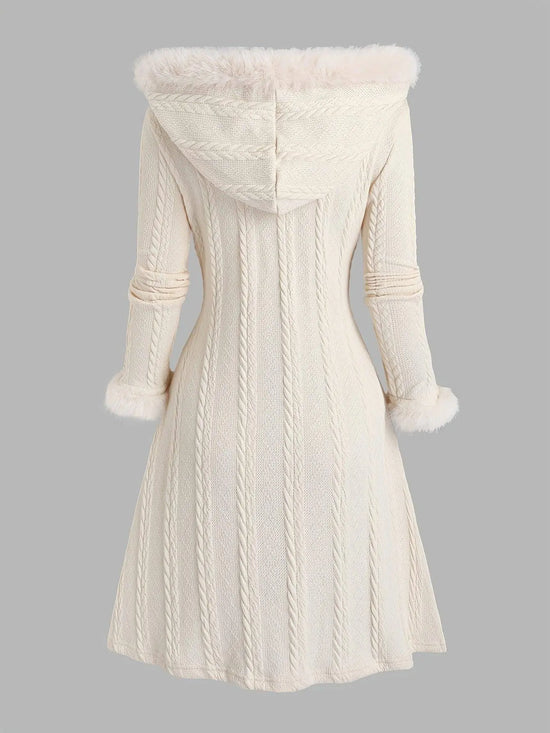 Y2K-Inspired Plaid Hooded Knit Coat with Faux Fur Trim, Horn Buttons - Long, Warm & Stylish for Women, Machine Washable, Y2K, Plaid, Faux Fur SS69