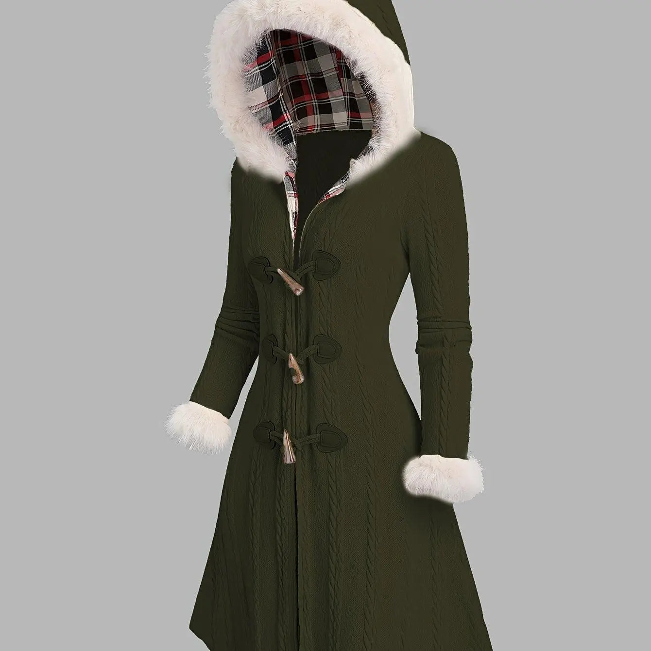 Y2K-Inspired Plaid Hooded Knit Coat with Faux Fur Trim, Horn Buttons - Long, Warm & Stylish for Women, Machine Washable, Y2K, Plaid, Faux Fur SS69 42.69 Army Green / XXL(50)