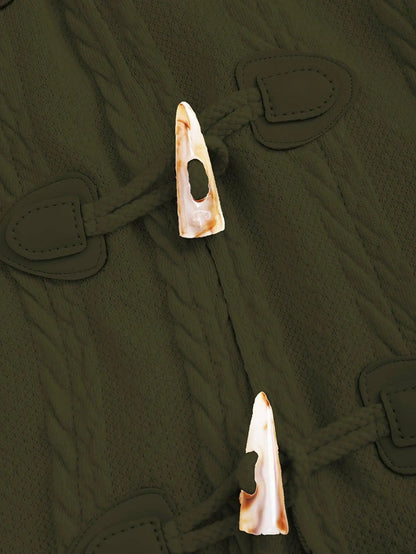 Y2K-Inspired Plaid Hooded Knit Coat with Faux Fur Trim, Horn Buttons - Long, Warm & Stylish for Women, Machine Washable, Y2K, Plaid, Faux Fur SS69